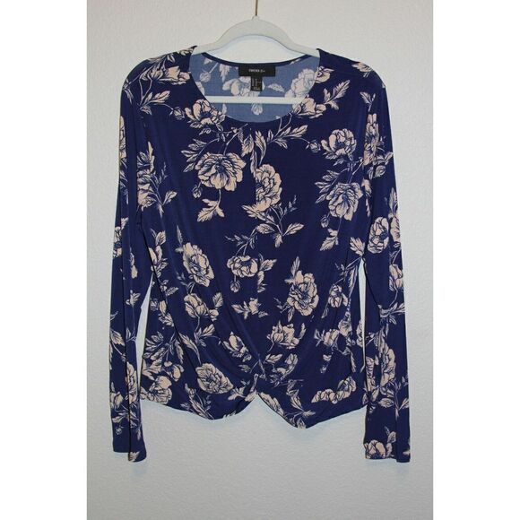 Forever 21 Floral Top 2X Blue Womens Long Sleeve Stretch Boho - Picture 1 of 5